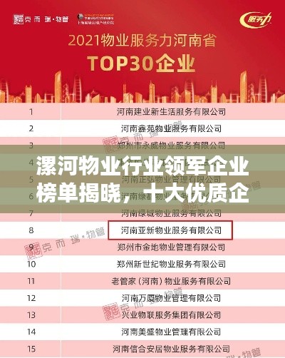 漯河物业行业领军企业榜单揭晓，十大优质企业排名！